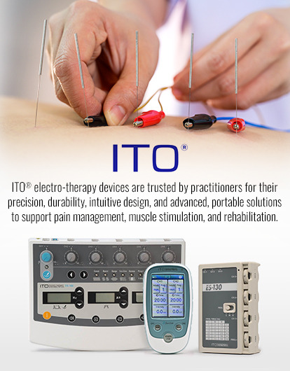 ITO&reg; electro-therapy devices are trusted by practitioners for their precision, durability, intuitive design, and advanced, portable solutions to support pain management, muscle stimulation, and rehabilitation.