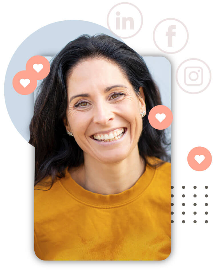 woman smiling with social media icons surrounding her